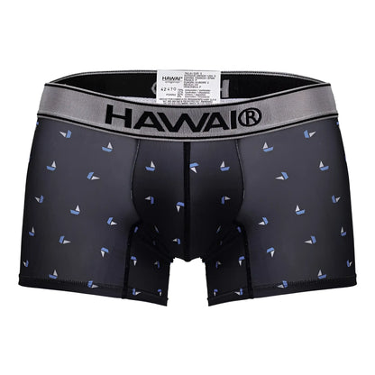 Black hawaii 42470 printed microfiber trunks featuring subtle light blue and white sailboat pattern on black fabric