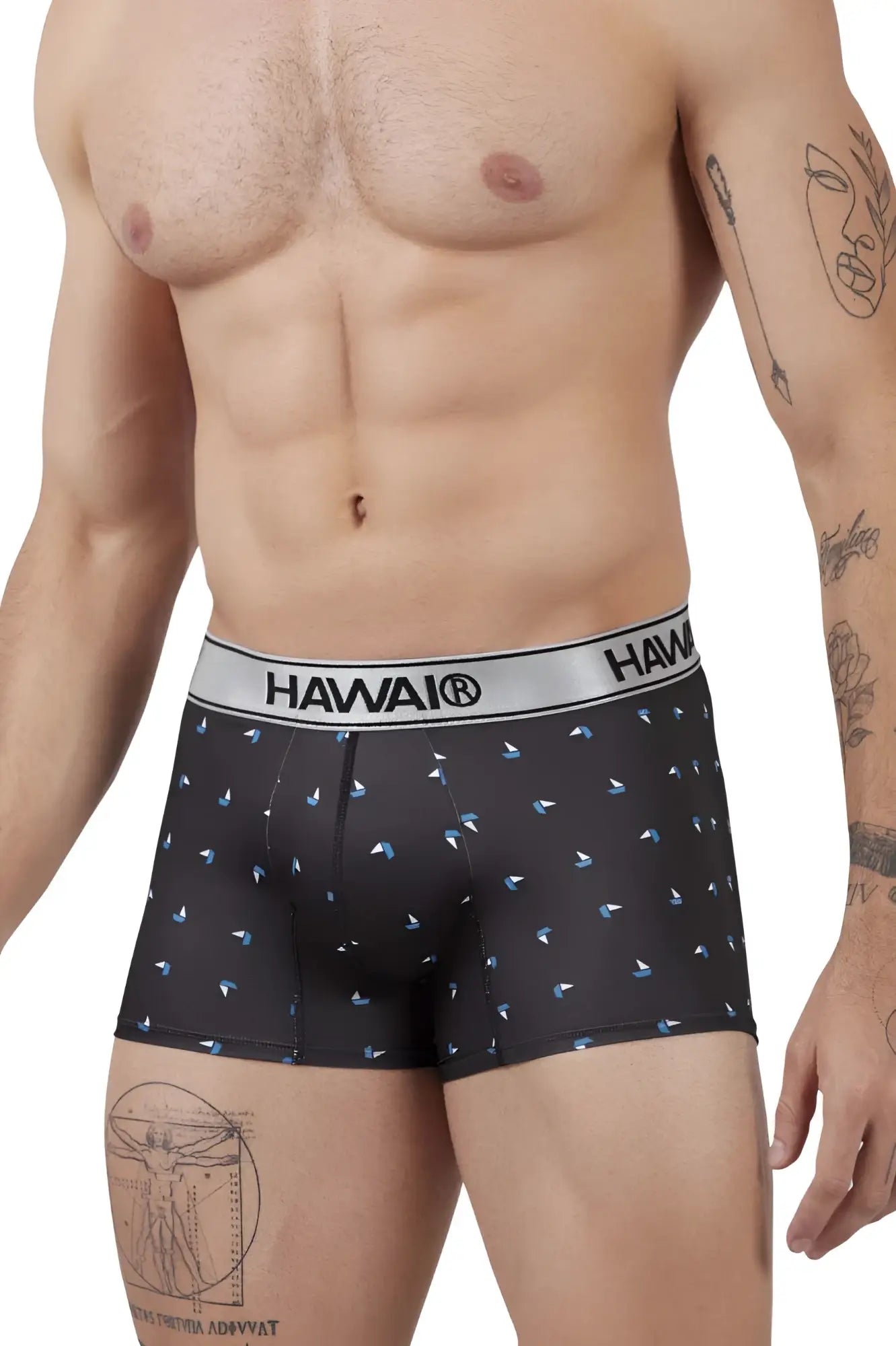 Black hawaiian microfiber boxer briefs with light blue sailboat pattern and silver waistband branded hawaii 42470