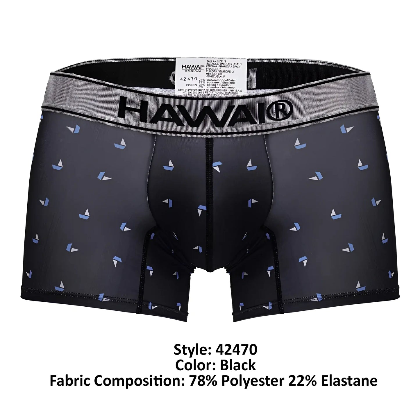 Black hawaiian-themed printed microfiber trunks with light blue sailboat pattern in color black