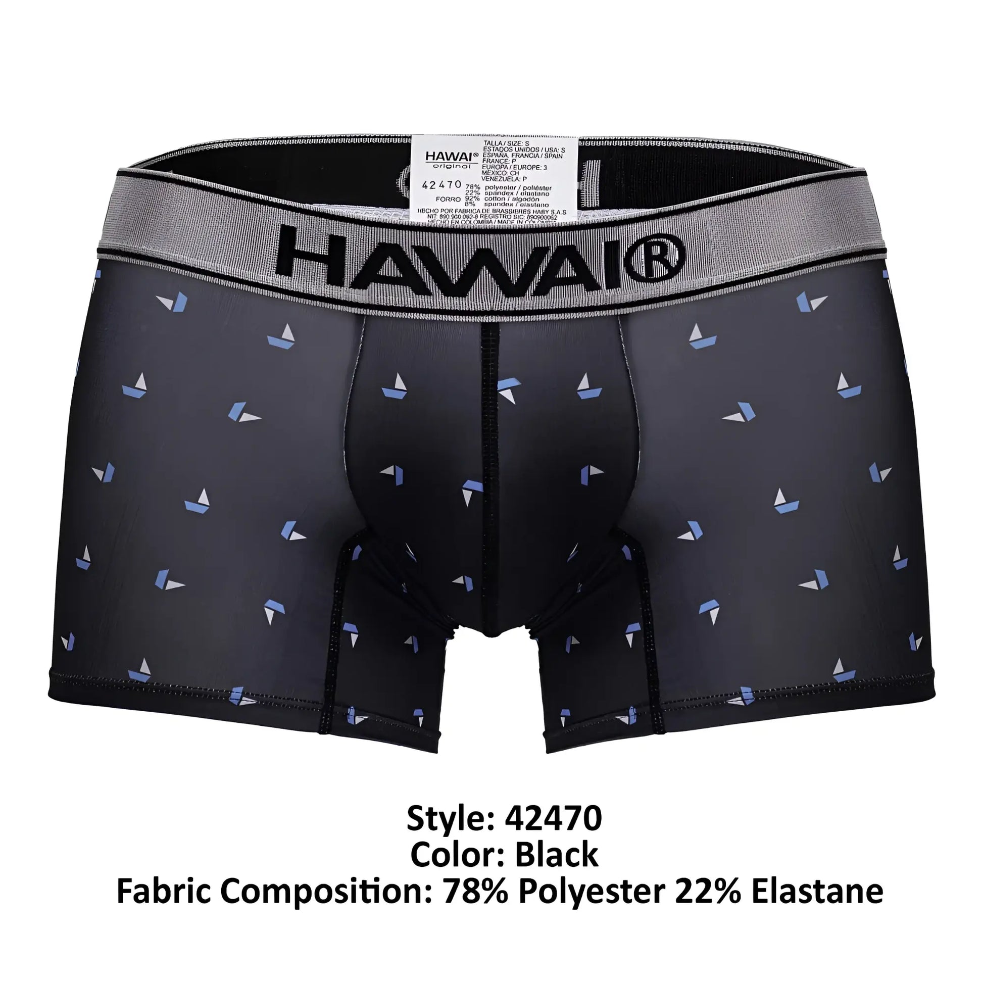 Black hawaiian-themed printed microfiber trunks with light blue sailboat pattern in color black