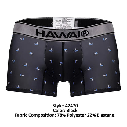 Black hawaiian-themed printed microfiber trunks with light blue sailboat pattern in color black