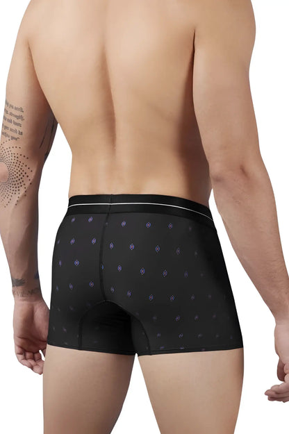 Black HAWAI 42520 printed microfiber boxer briefs with light blue diamond pattern and white waistband trim