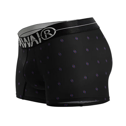 Black hawai 42520 printed microfiber trunks with purple and blue circular pattern and gray wai waistband logo