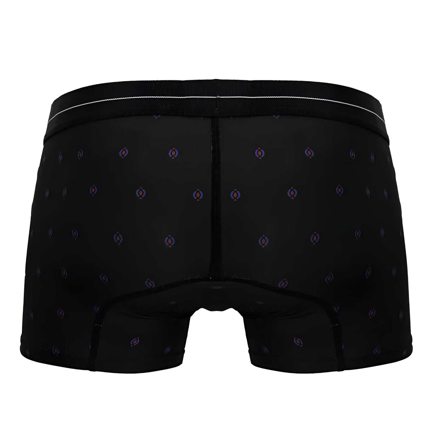 Black hawa 42520 printed microfiber trunks with purple and blue geometric pattern and white waistband trim