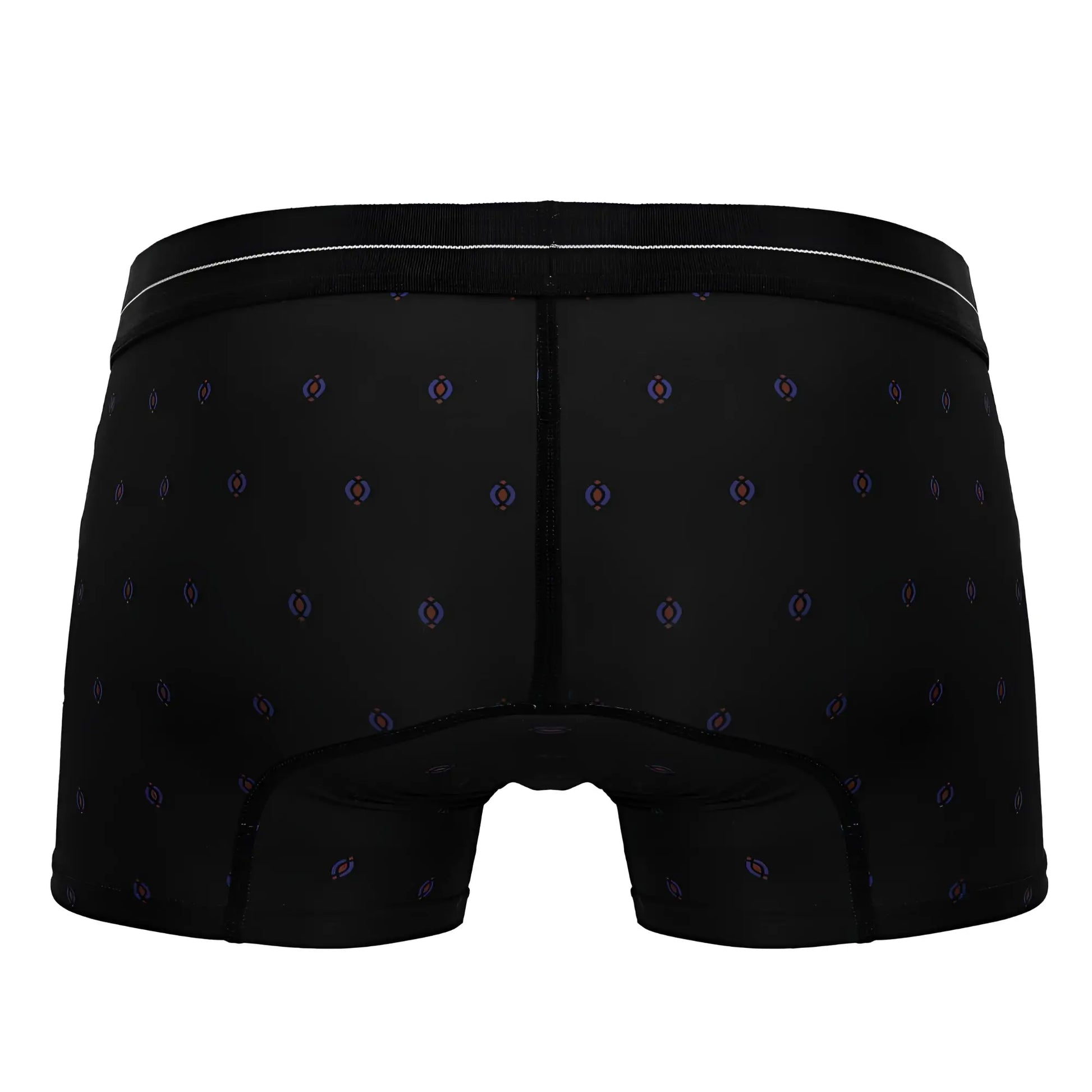 Black hawa 42520 printed microfiber trunks with purple and blue geometric pattern and white waistband trim