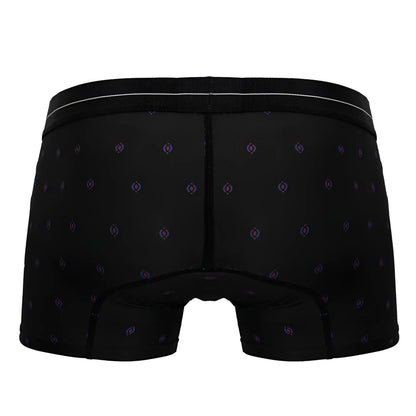 Black hawa 42520 printed microfiber trunks with purple and blue geometric pattern and white waistband trim