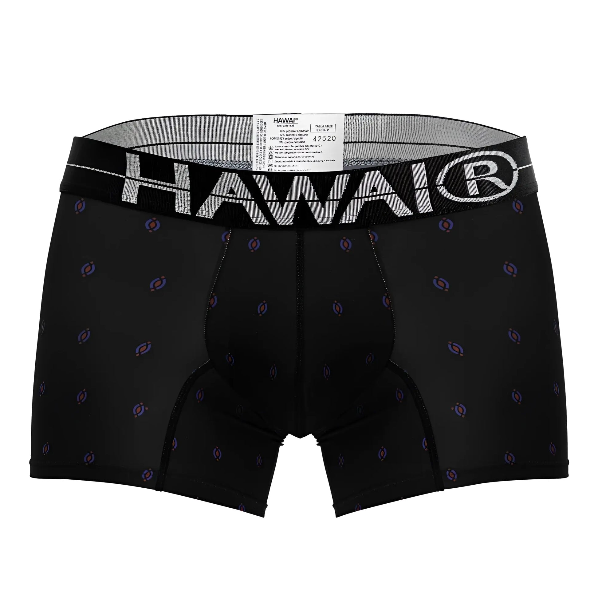 Black hawaiian printed microfiber boxer briefs with subtle purple blue pattern and white hawaii logo waistband