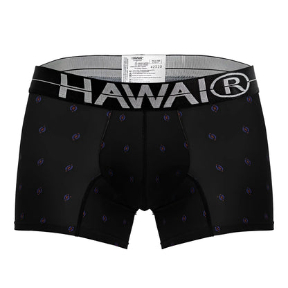 Black hawaiian printed microfiber boxer briefs with subtle purple blue pattern and white hawaii logo waistband