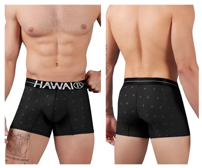 Black hawaiian microfiber boxer briefs with white hawaii waistband and subtle blue diamond patterns model 42520