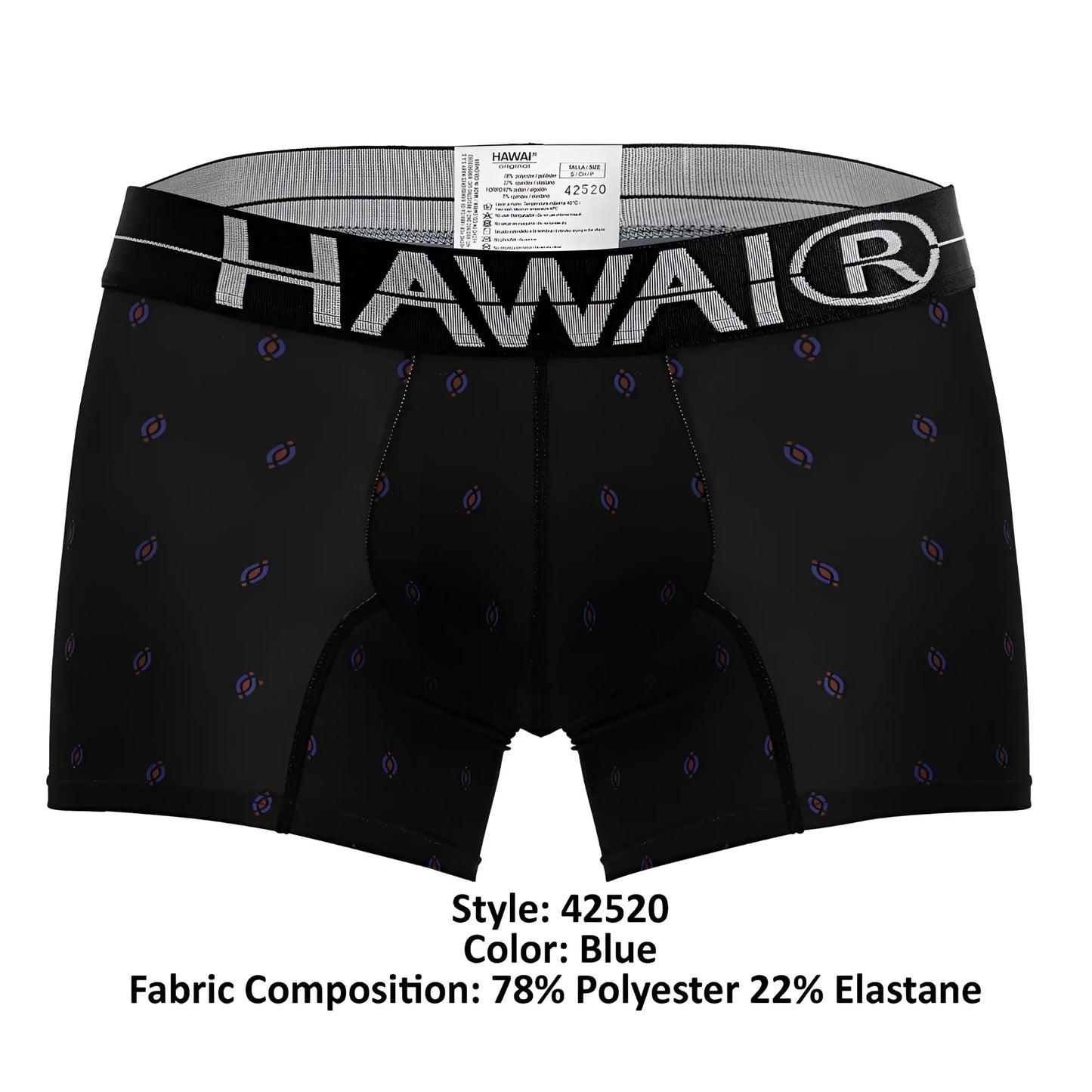 Black hawai 42520 printed microfiber trunks with gray waistband and purple blue circular patterns