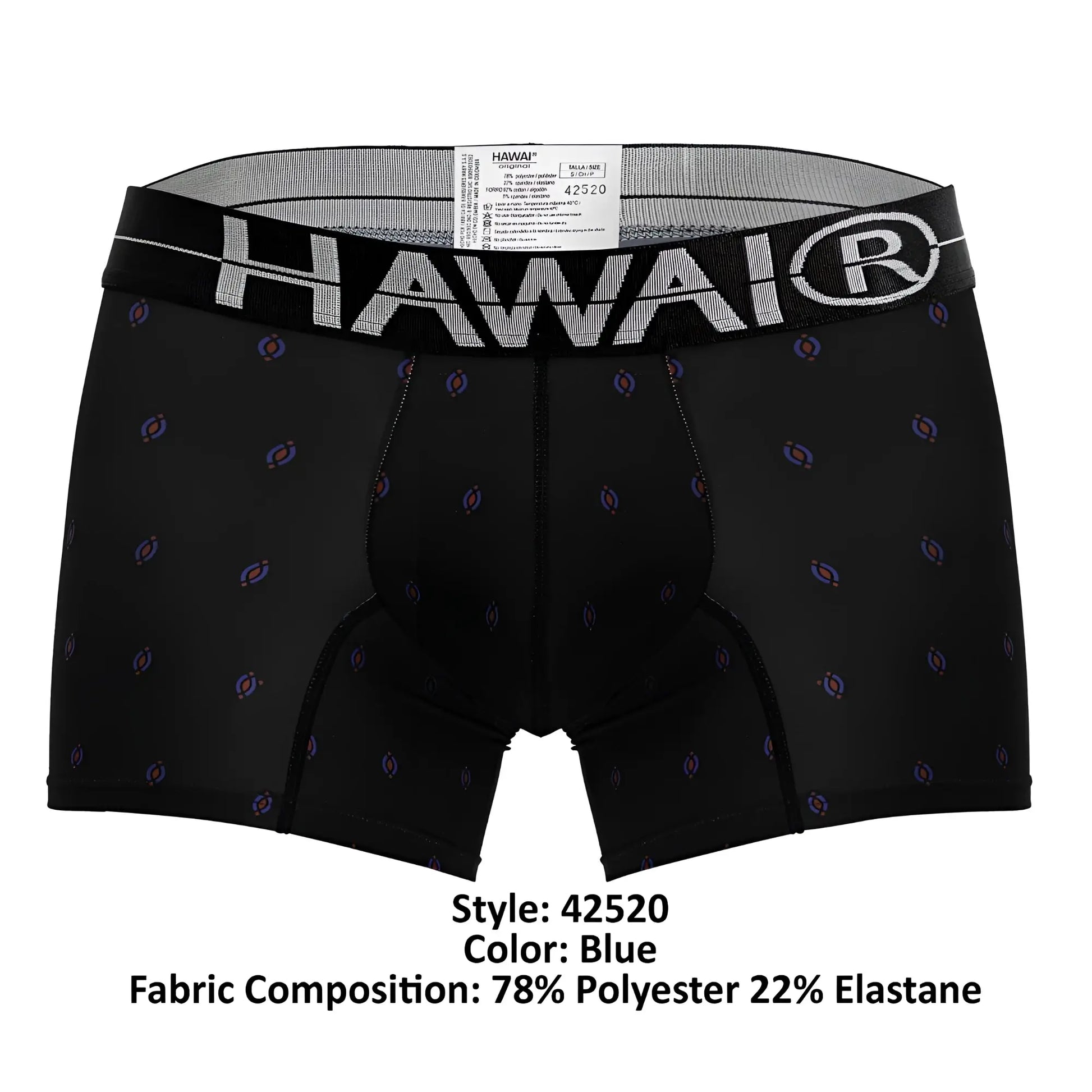 Black hawai 42520 printed microfiber trunks with gray waistband and purple blue circular patterns