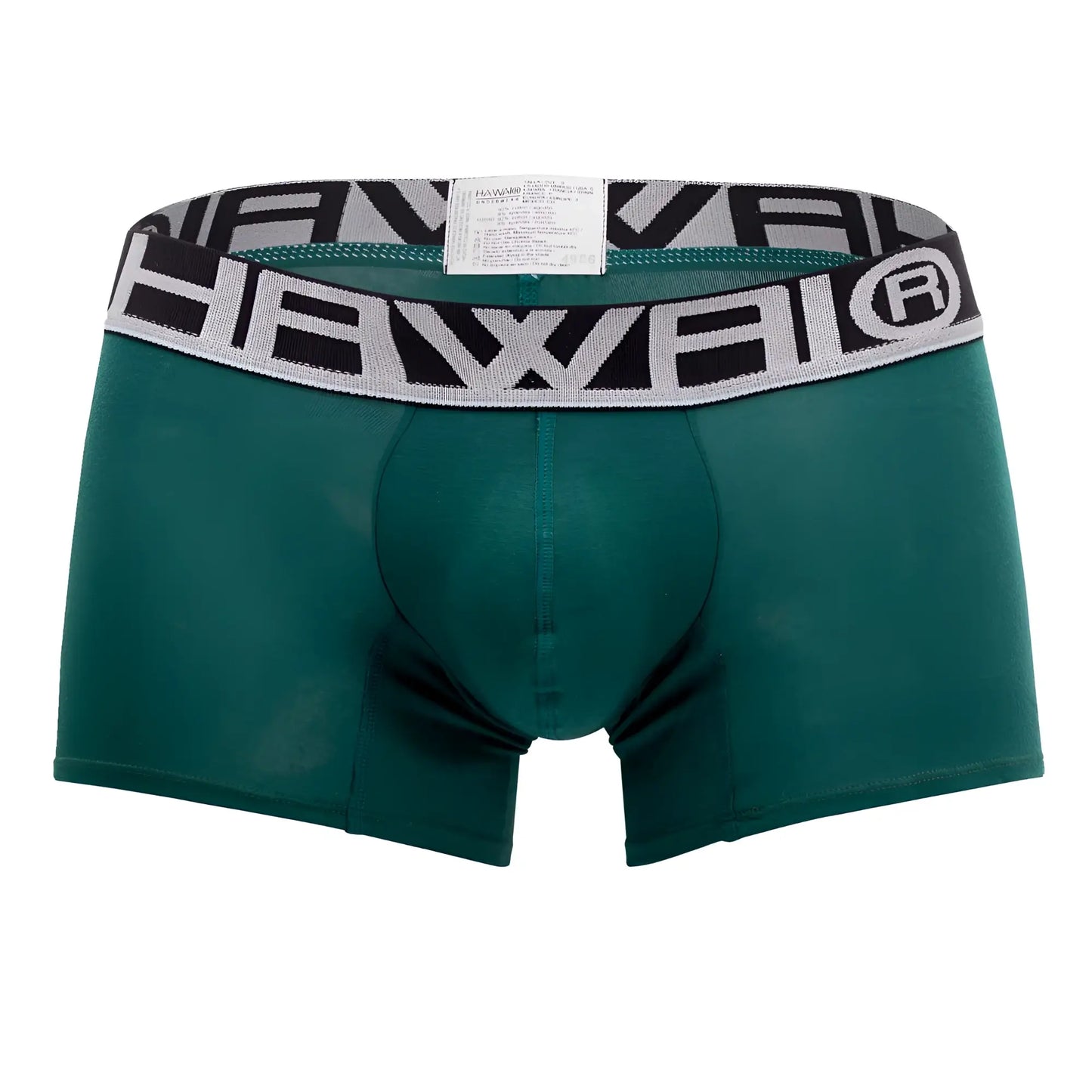 Dark green hawaï 4986 solid athletic boxer briefs with black and gray patterned waistband featuring brand logo