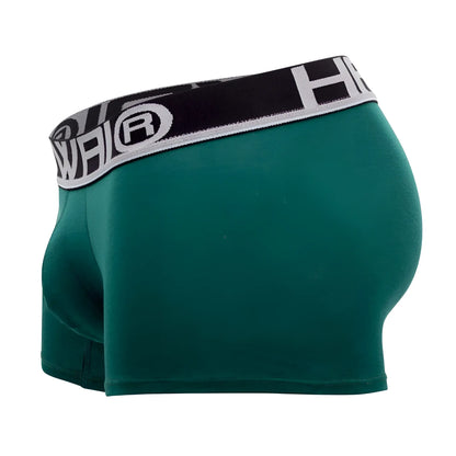 Dark green hawai 4986 solid athletic boxer briefs with black and white elastic waistband featuring h logo