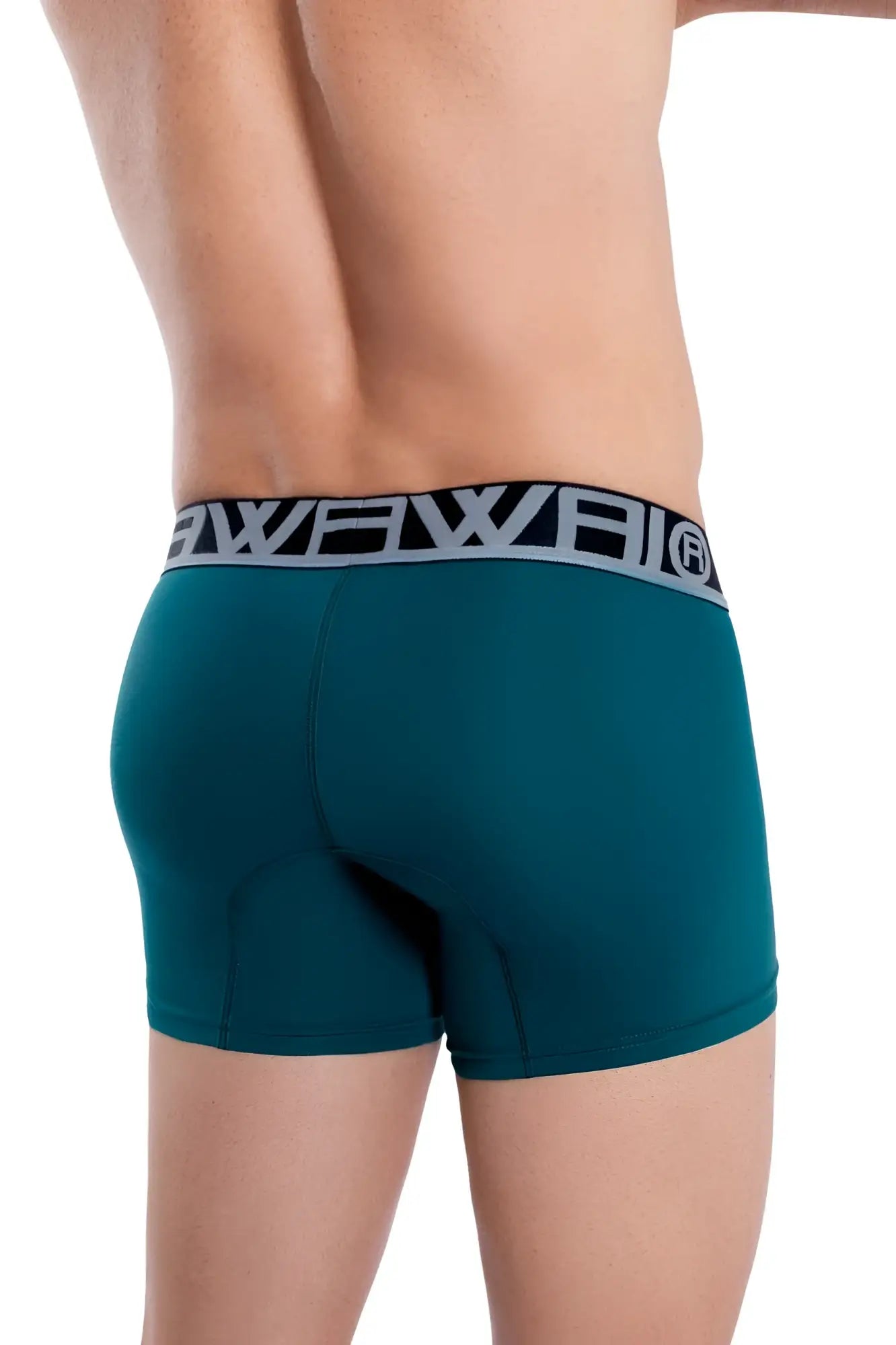 Teal-colored wewai boxer briefs with black and white waistband in hawai 4986 solid athletic trunks green color