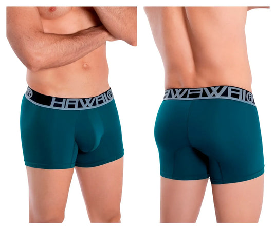 Teal men’s boxer briefs with black and gray elastic waistband featuring hawai logo in solid athletic trunks green color