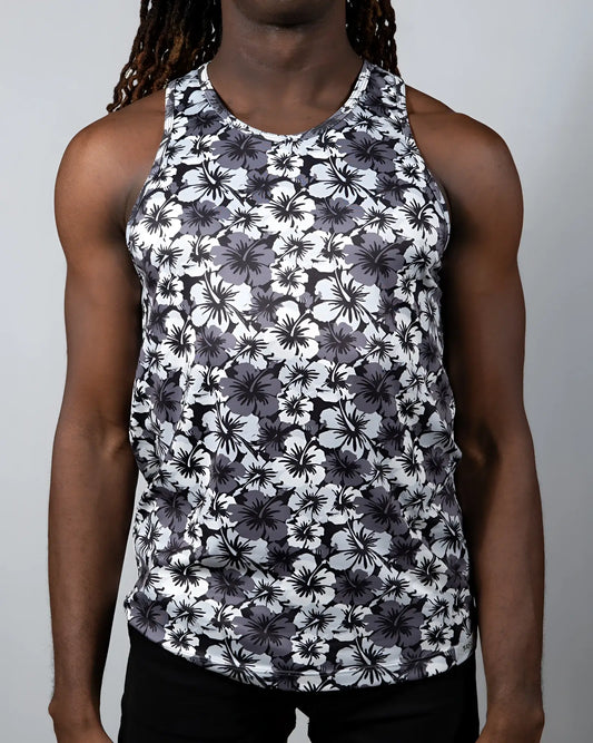 Black and white floral patterned hawaiian hibiscus print tank top with round neckline for casual wear