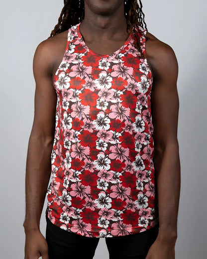 A vibrant red pink and white hawaiian hibiscus print tank top with round neckline perfect for casual summer wear