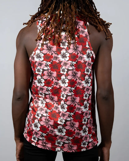 A vibrant red pink and white floral patterned hawaiian hibiscus print tank top with a black background