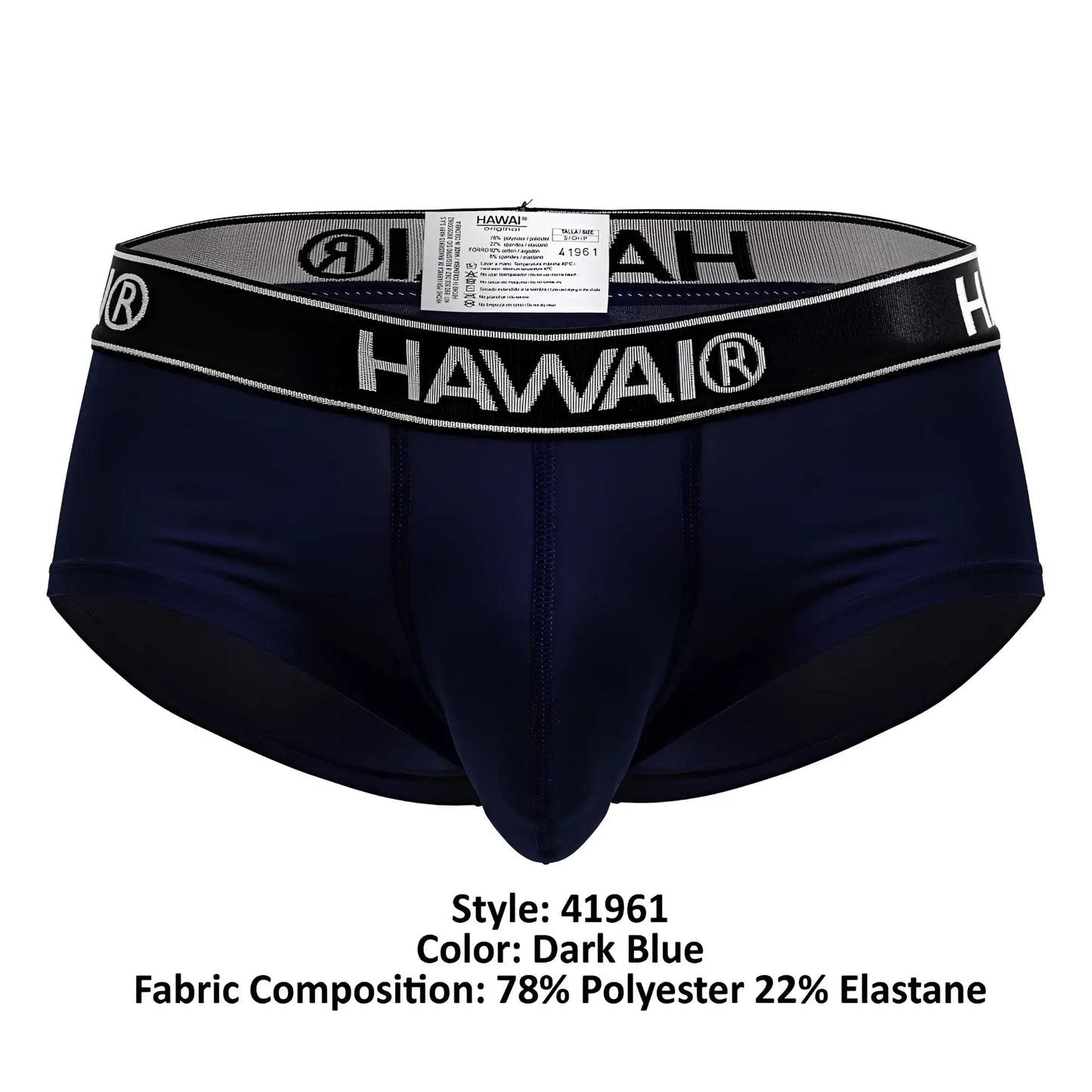 Dark blue hawaii 41961 microfiber men’s briefs with black waistband featuring white lettering and logo