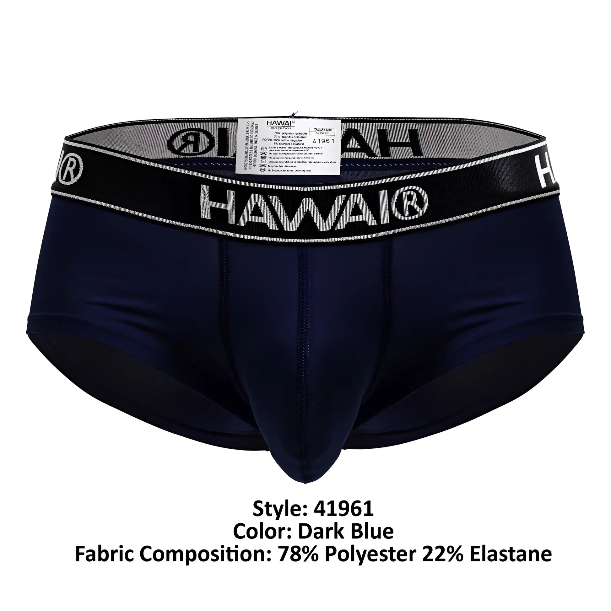 Dark blue hawaii 41961 microfiber men’s briefs with black waistband featuring white lettering and logo