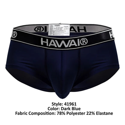 Dark blue hawaii 41961 microfiber men’s briefs with black waistband featuring white lettering and logo