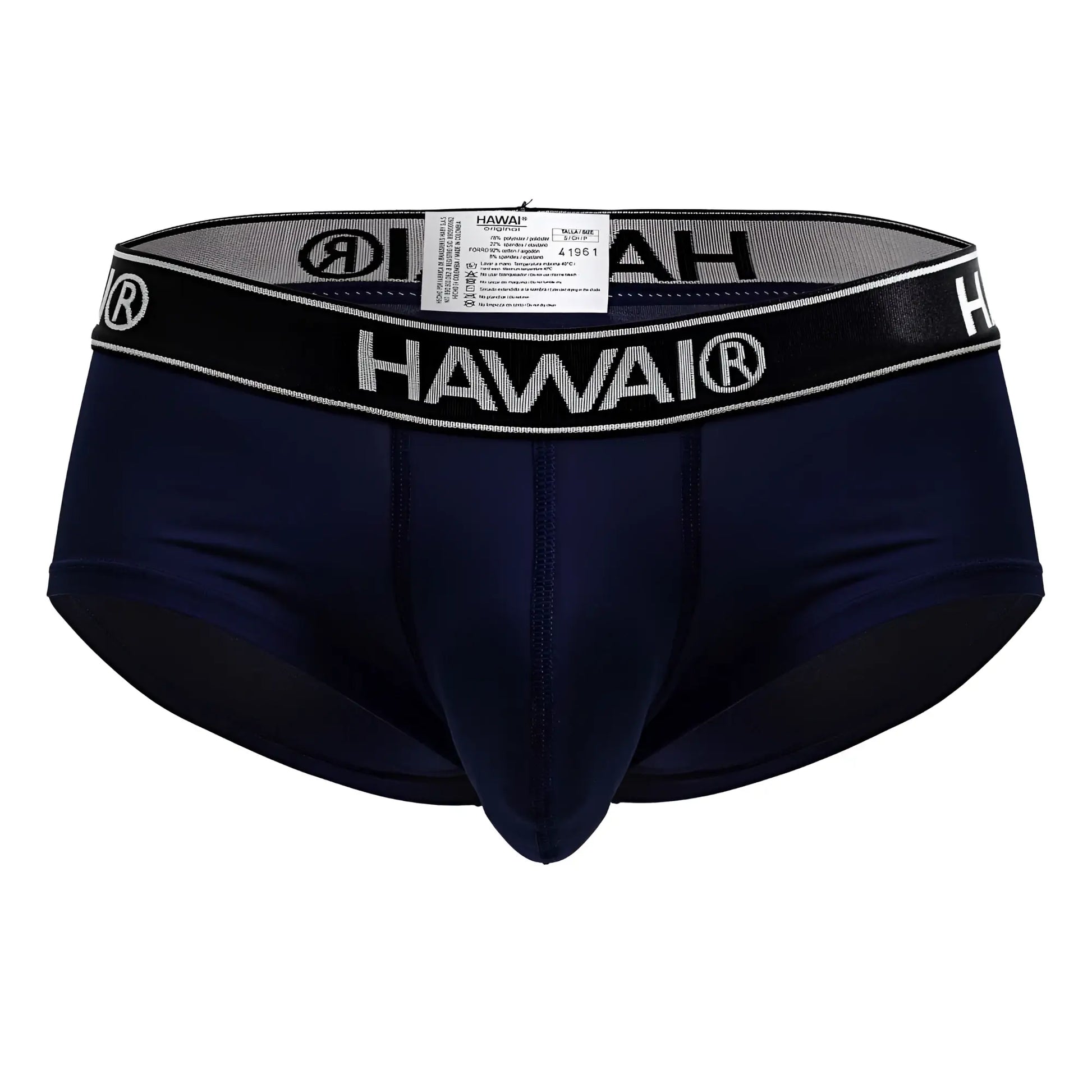 Navy blue Hawai men’s microfiber briefs with black elastic waistband featuring white lettering and trim