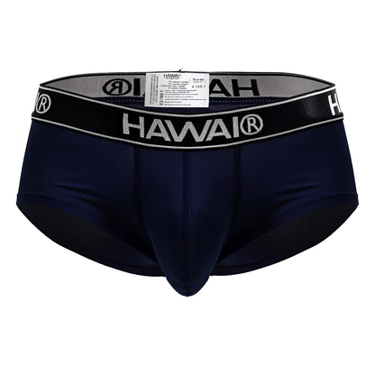 Navy blue Hawai men’s microfiber briefs with black elastic waistband featuring white lettering and trim