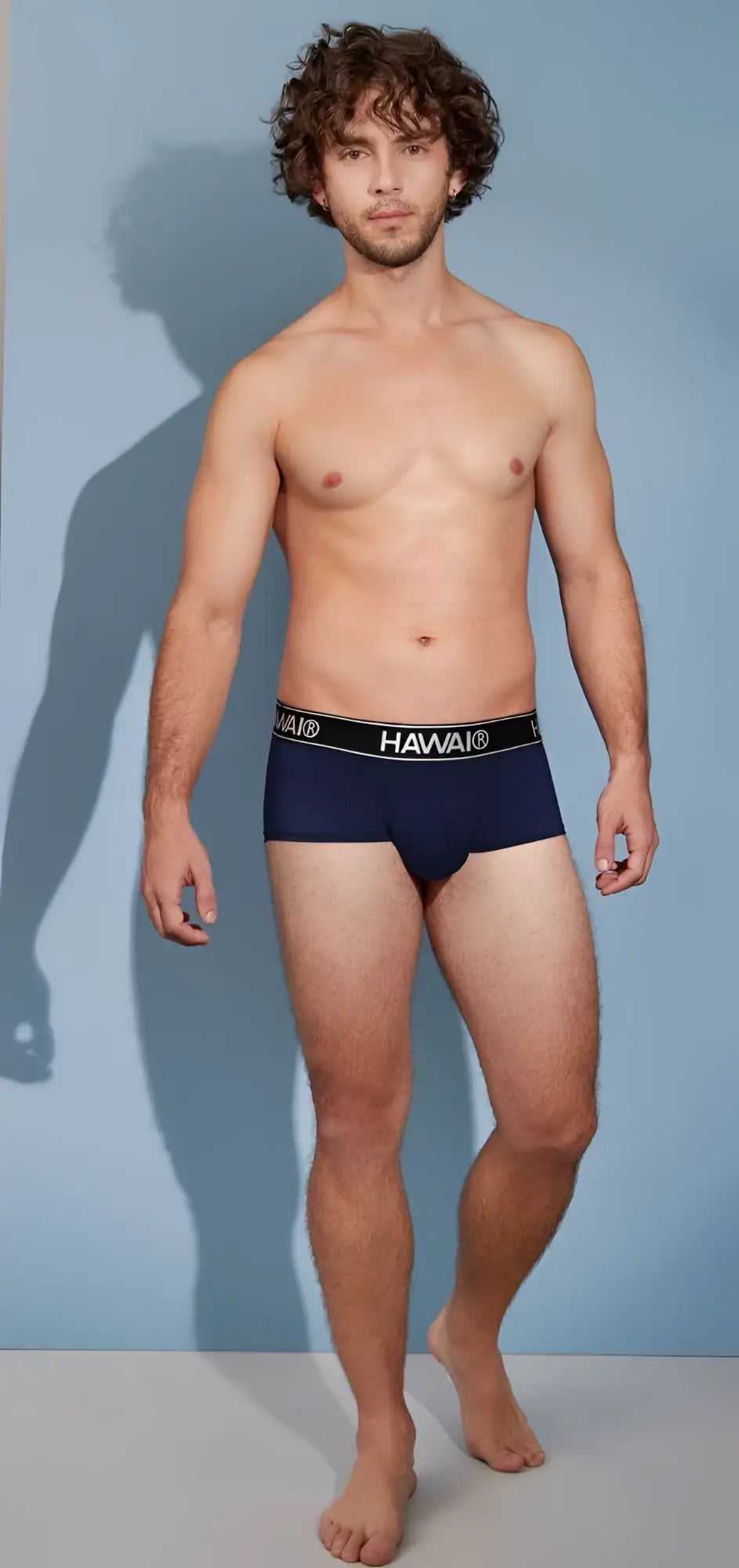 Navy blue Hawaii microfiber briefs with a black elastic waistband featuring white lettering front view