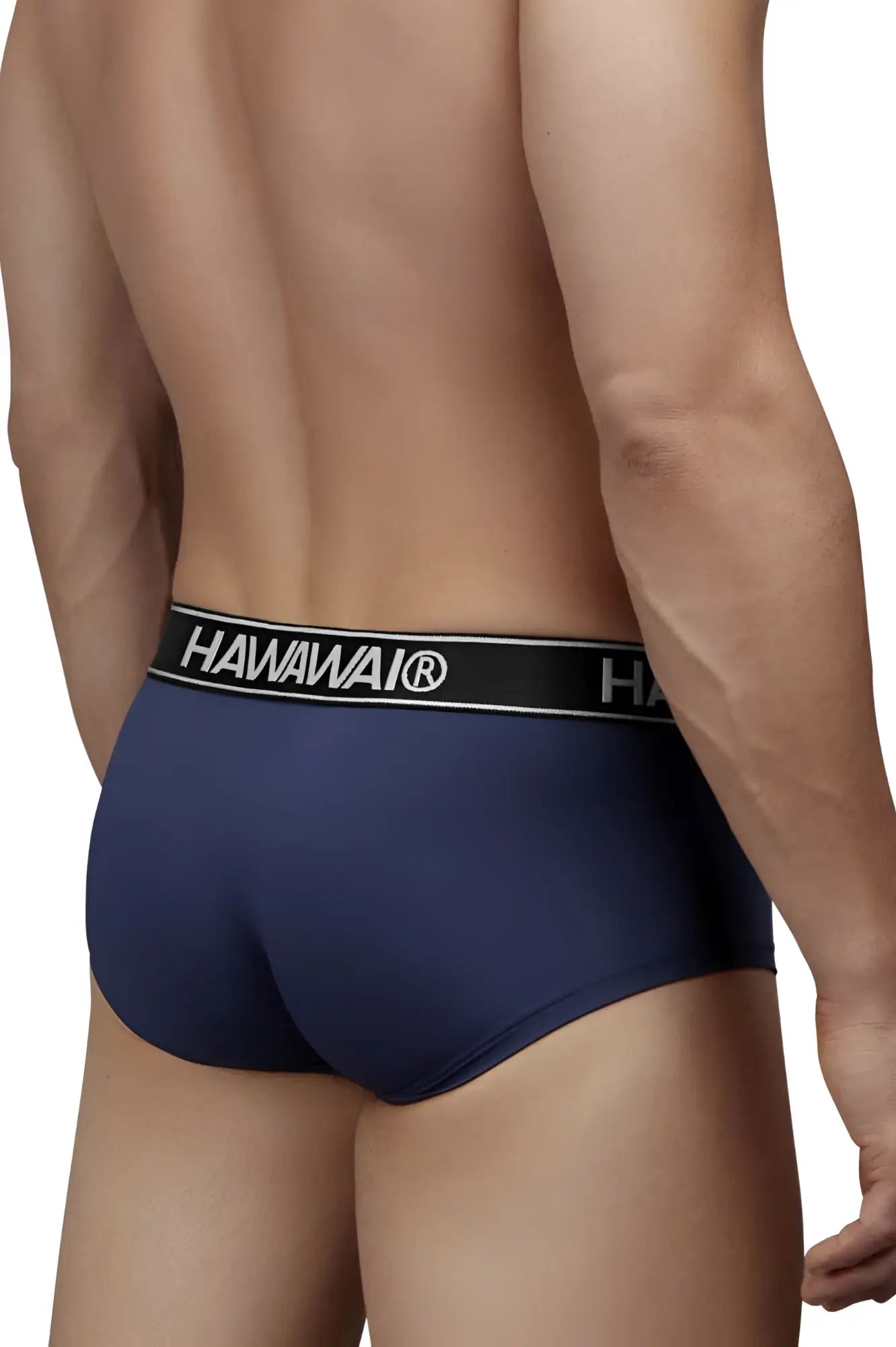 Navy blue microfiber hawaiian briefs with black waistband featuring white hawaiian lettering and logo
