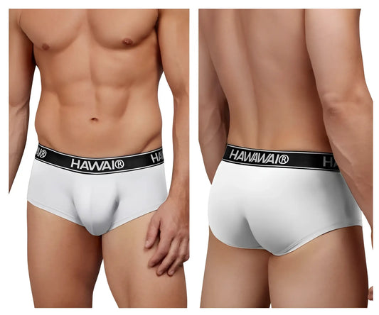 White havaianas men’s microfiber briefs with a black elastic waistband featuring the brand name in white lettering