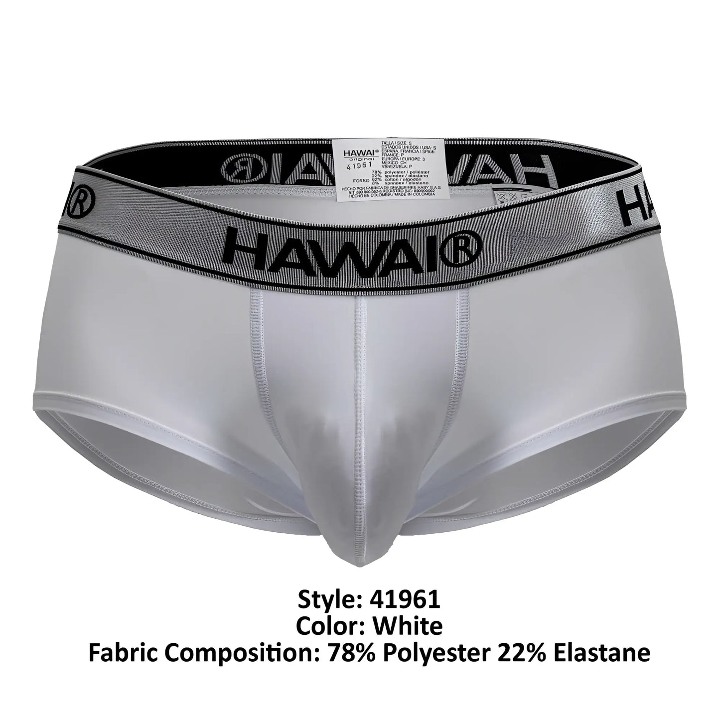 White hawai 41961 microfiber men’s briefs with a silver elastic waistband featuring black lettering and logo