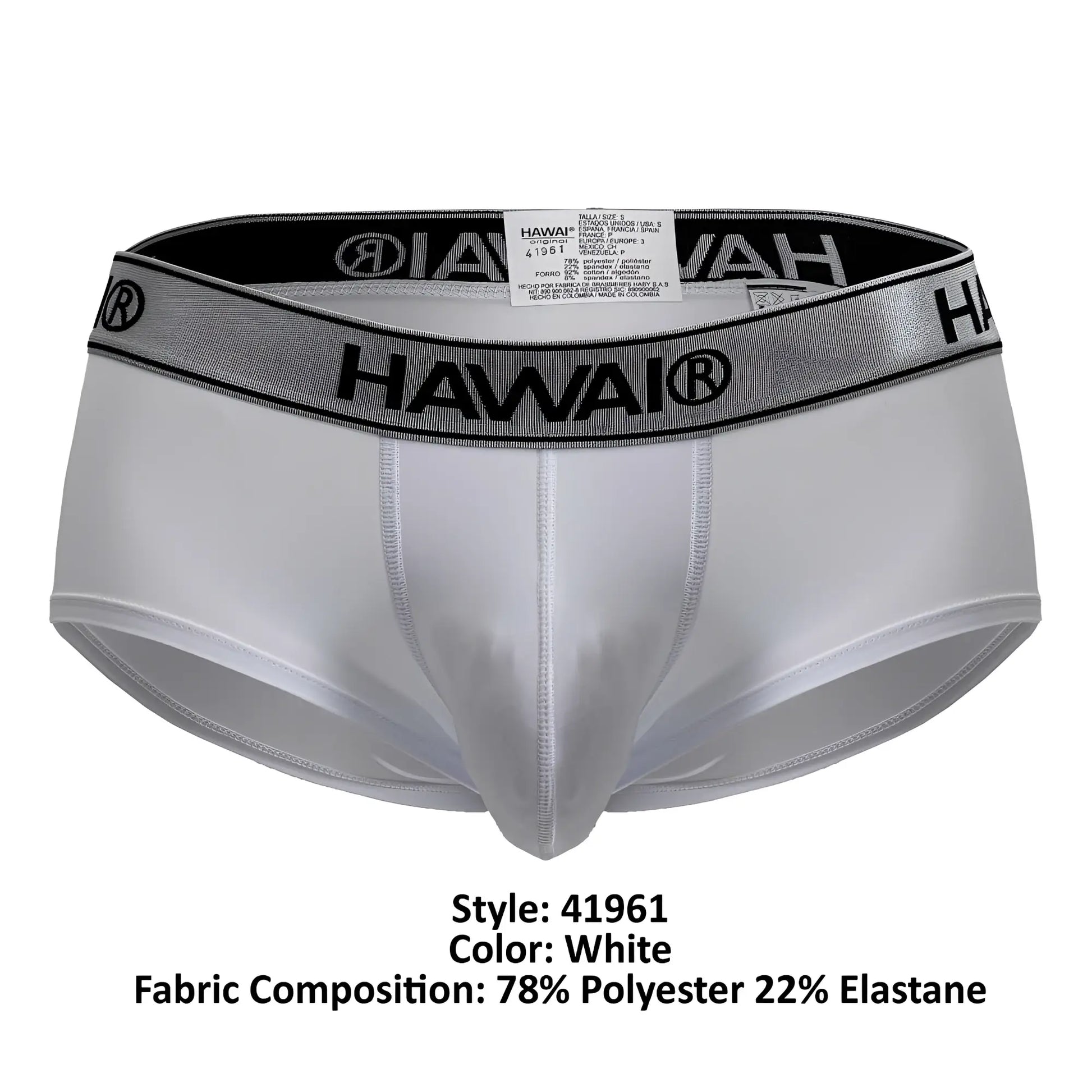 White hawai 41961 microfiber men’s briefs with a silver elastic waistband featuring black lettering and logo