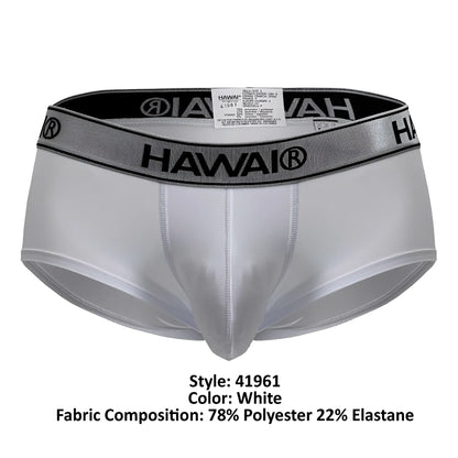 White hawai 41961 microfiber men’s briefs with a silver elastic waistband featuring black lettering and logo