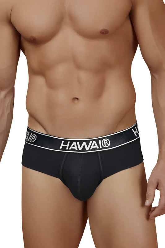 Black Hawai brand black cotton blend briefs with white elastic waistband featuring bold logo lettering