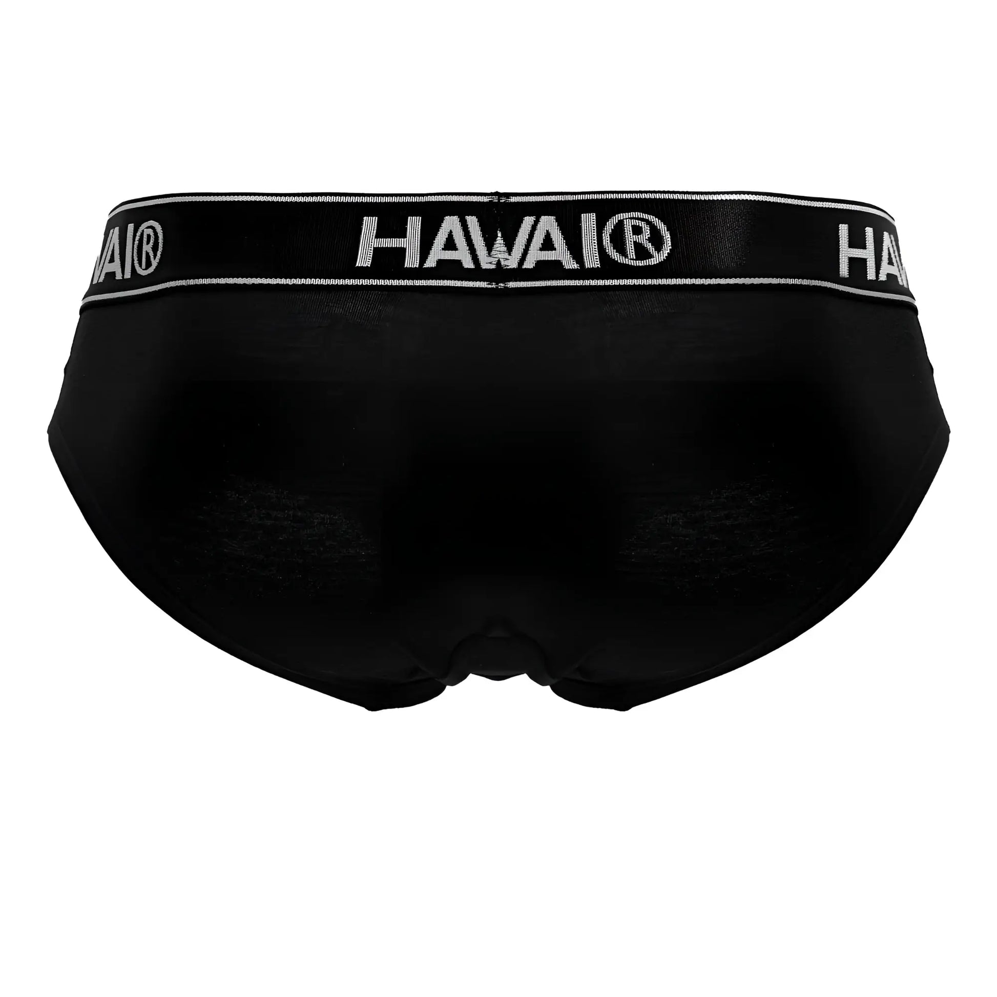 Black Hawai brand cotton blend briefs in black with a contrasting white logo waistband front view