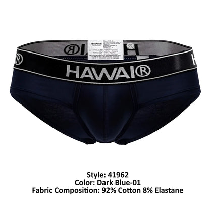 Dark blue Hawai 41962 men’s cotton blend briefs with black elastic waistband featuring white lettering and logo