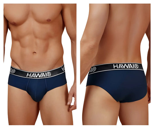 Navy blue hawai brand briefs with black elastic waistband white lettering made of cotton blend for comfortable wear