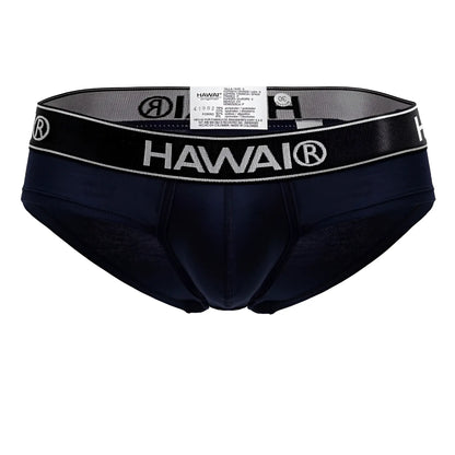 Navy blue Hawai 41962 cotton blend briefs with black waistband featuring white logo and lettering details