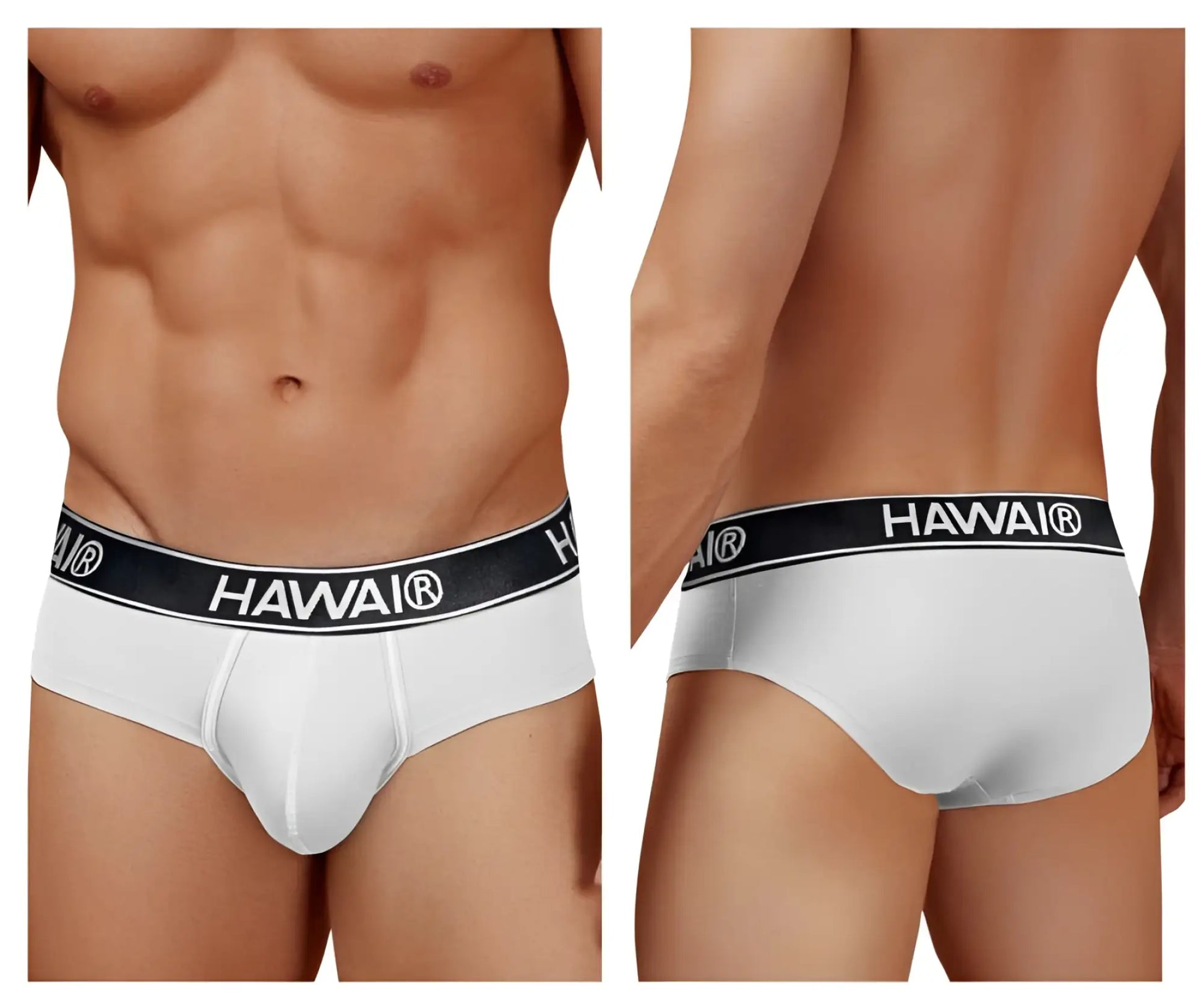White havai brand cotton blend briefs with a black waistband featuring the brand name in white lettering