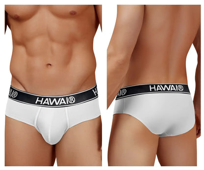White havai brand cotton blend briefs with a black waistband featuring the brand name in white lettering