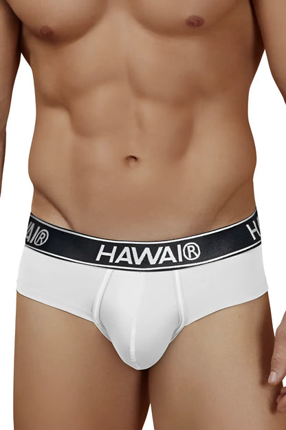 White hawai brand cotton blend briefs in white with a black elastic waistband featuring the brand name in white lettering