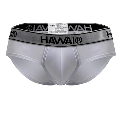 White Hawai 41962 cotton blend briefs with silver and black elastic waistband in white color front view