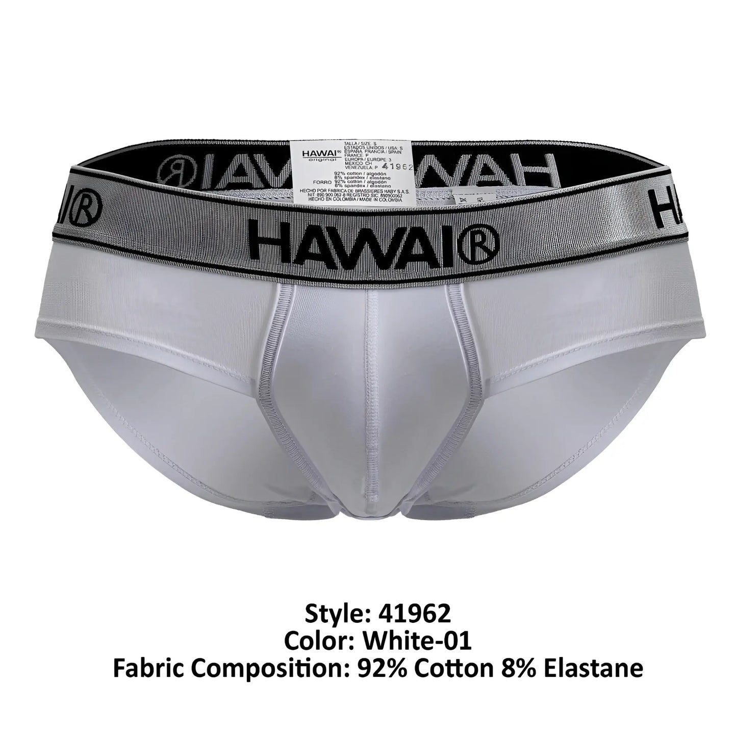 White hawai 41962 cotton blend men’s briefs with silver and black elastic waistband featuring brand logo
