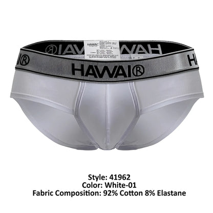 White hawai 41962 cotton blend men’s briefs with silver and black elastic waistband featuring brand logo