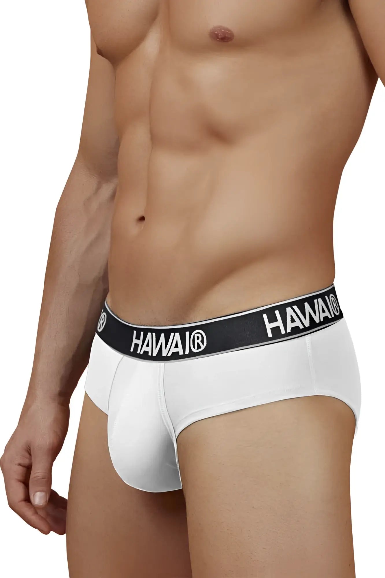 White Hawaii cotton blend briefs with a black waistband featuring white lettering in color White-01
