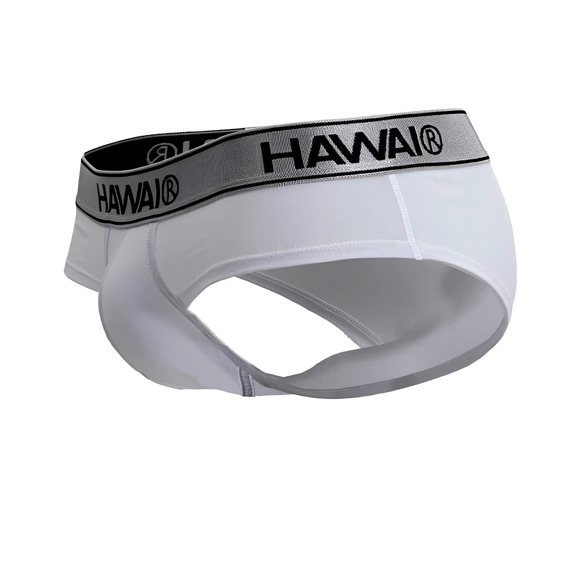 White hawaii cotton blend briefs with gray waistband and black lettering in color white 01, front view