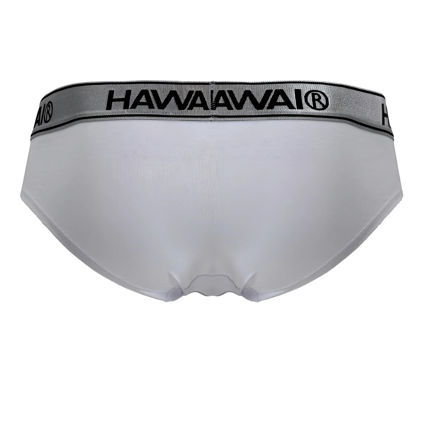 White Hawai 41962 cotton blend briefs with gray elastic waistband and black lettering in white color