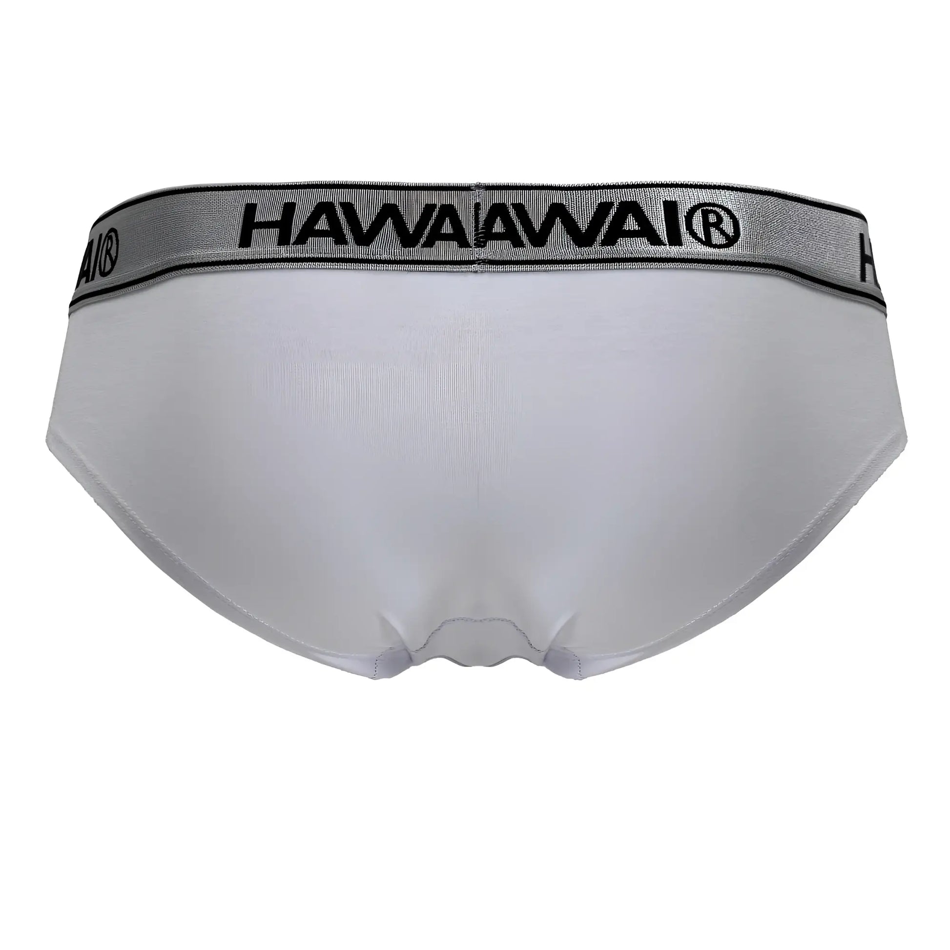 White Hawai 41962 cotton blend briefs with gray elastic waistband and black lettering in white color