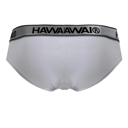 White Hawai 41962 cotton blend briefs with gray elastic waistband and black lettering in white color
