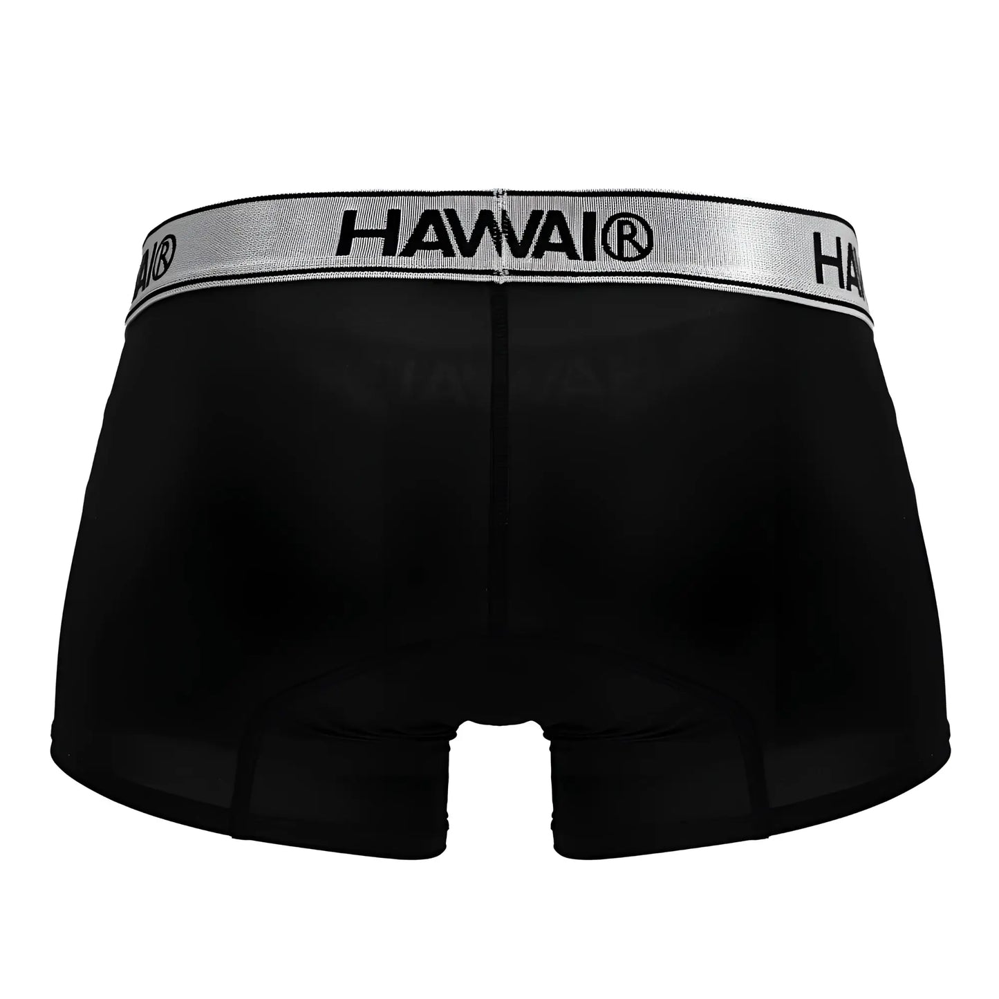 Black hawai 41977 microfiber boxer briefs in black with a silver waistband and bold black lettering